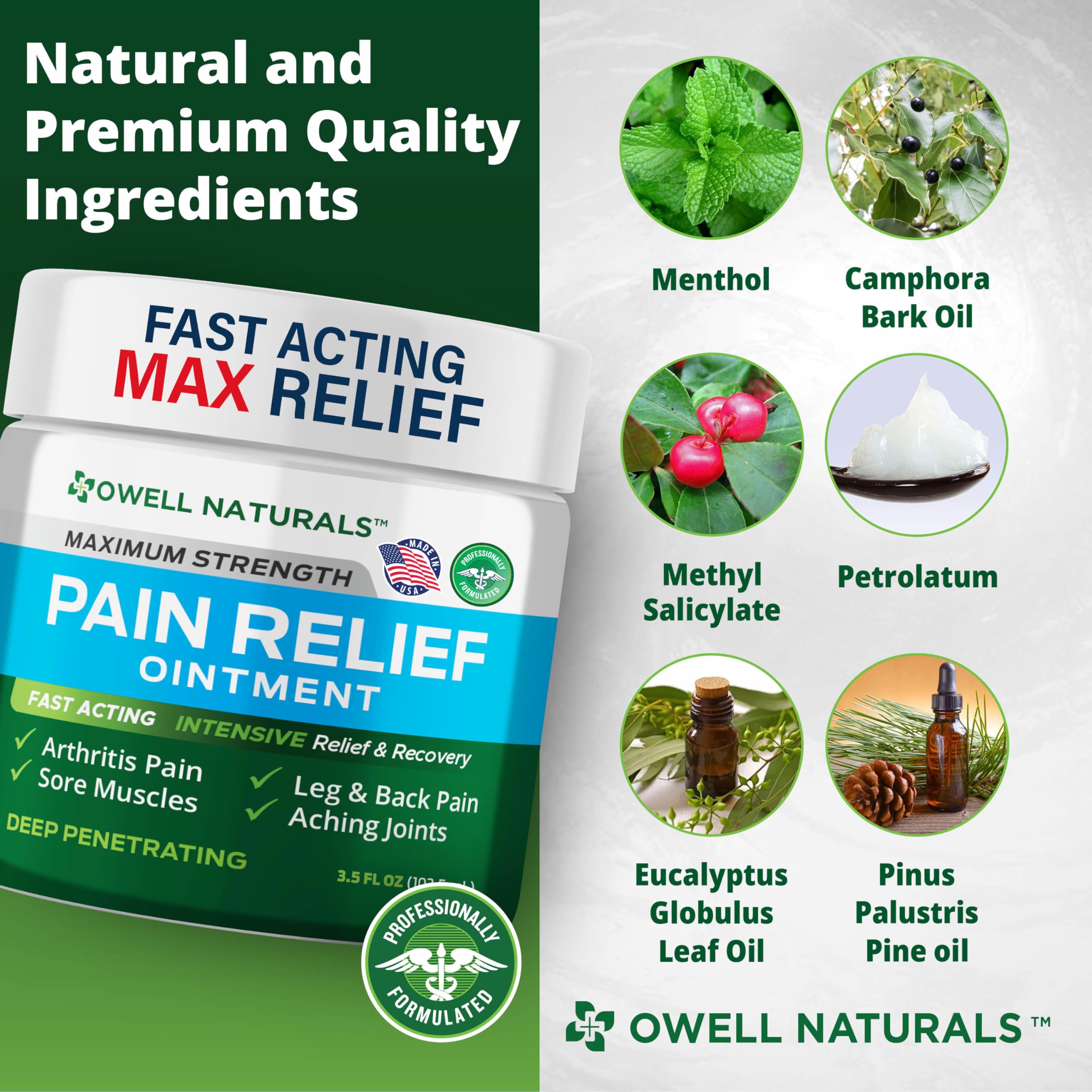 Owell Naturals USA-made pain relief ointment highlights quality and safety standards.