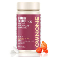 OWNONE Biotin 10000mcg bottle label highlighting high-strength formula for hair and nails