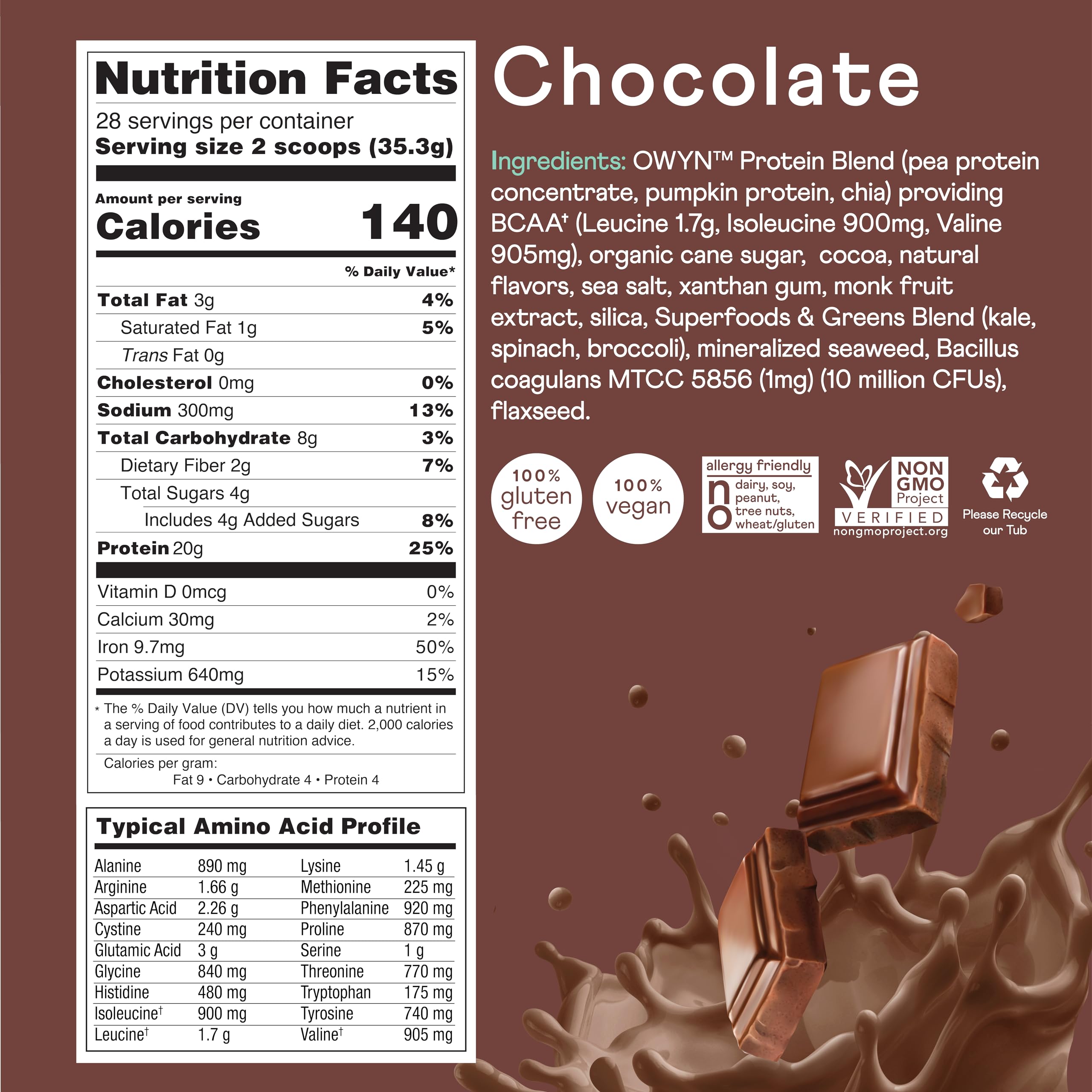 OWYN chocolate protein powder bottle-label focusing allergen-friendly formulation.