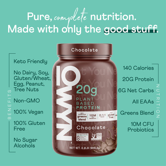 OWYN chocolate protein powder scoop highlighting easy mixing for smoothies.