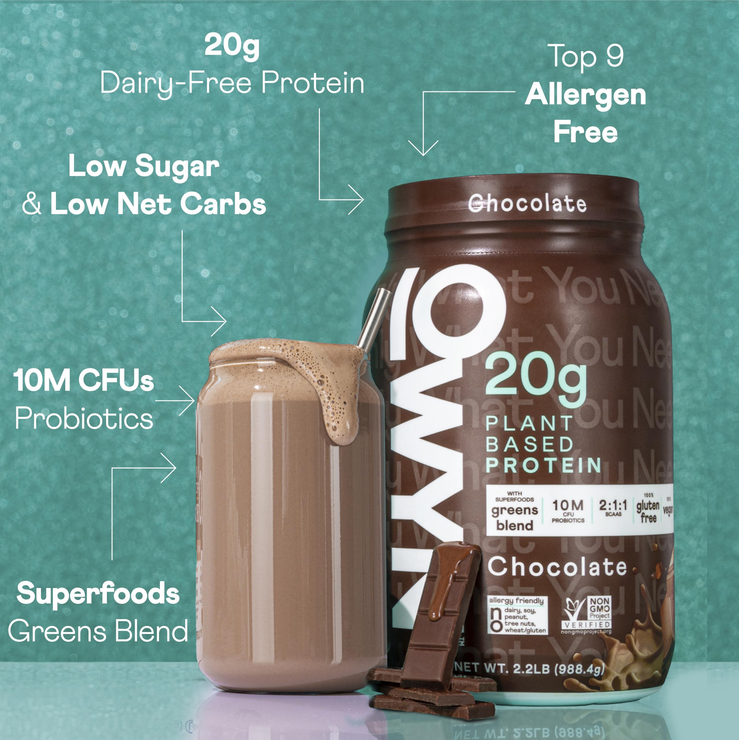 OWYN chocolate protein powder shaker demonstrating convenient on-the-go nutrition.
