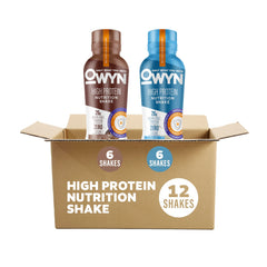 OWYN high-protein chocolate shake bottle, on-the-go energy and dairy-free nutrition.