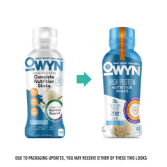 OWYN ingredients show peas, pumpkin seeds, and flax oil for plant protein.