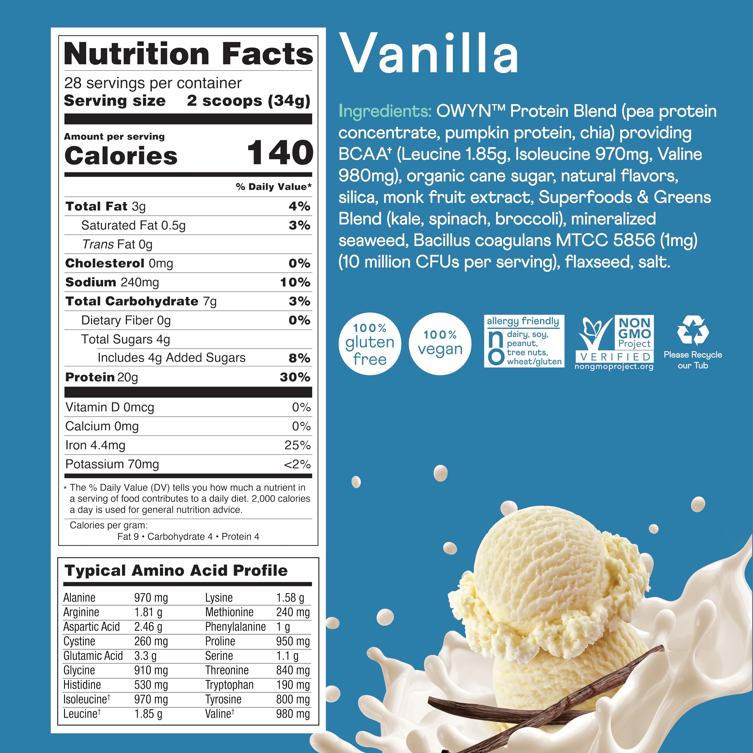 Chocolate OWYN protein powder tub for on-the-go nutrition