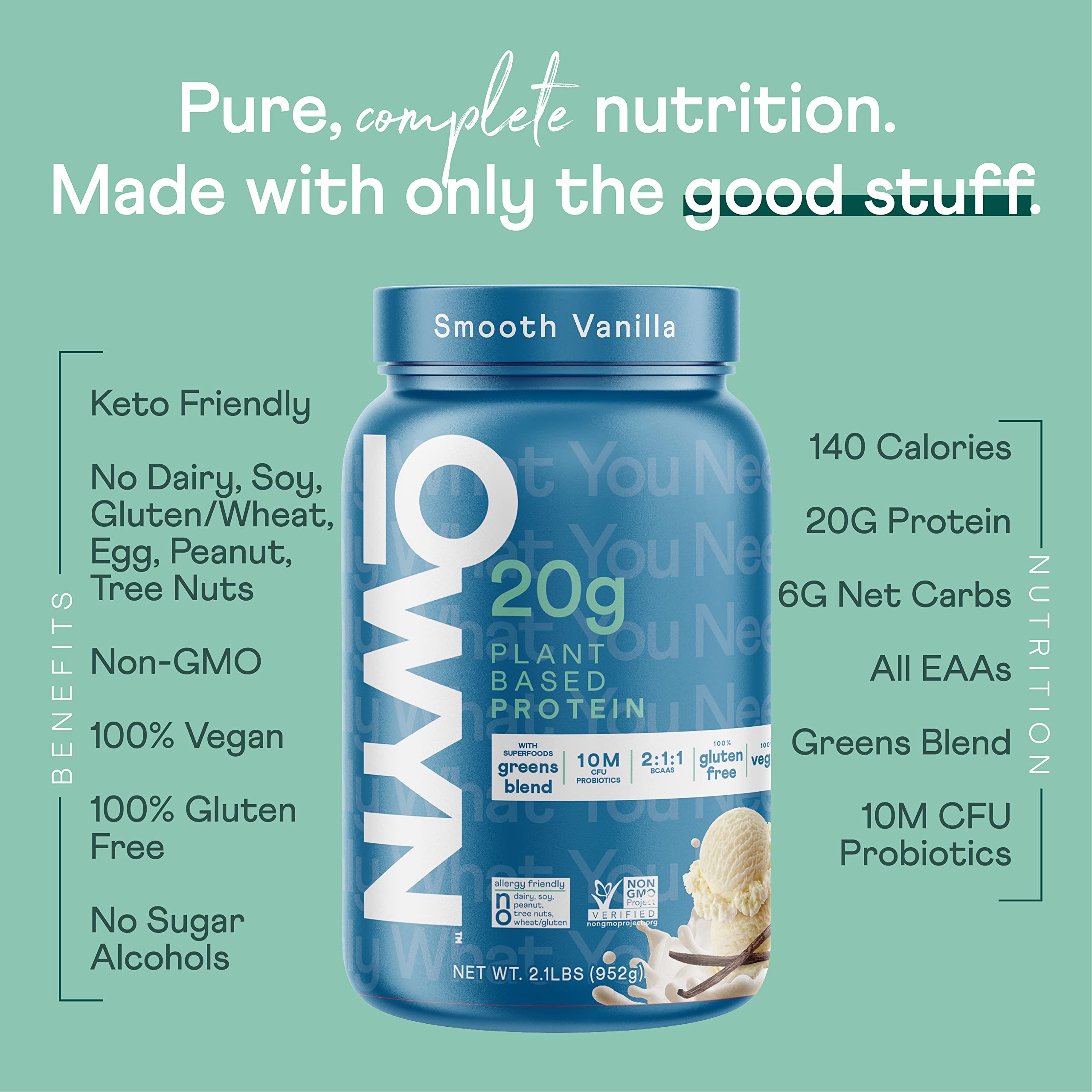 Scoop of OWYN protein powder added to smoothie for a protein boost