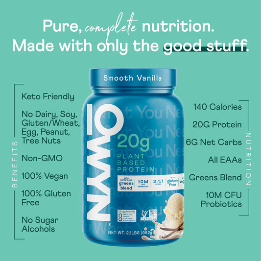 Scoop of OWYN protein powder added to smoothie for a protein boost