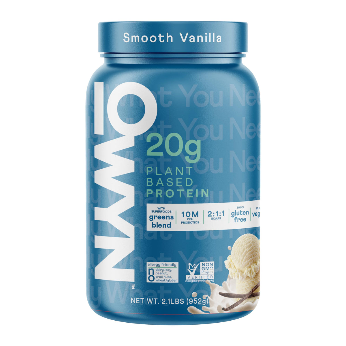 OWYN protein powder tub label highlighting dairy-free, plant-based protein