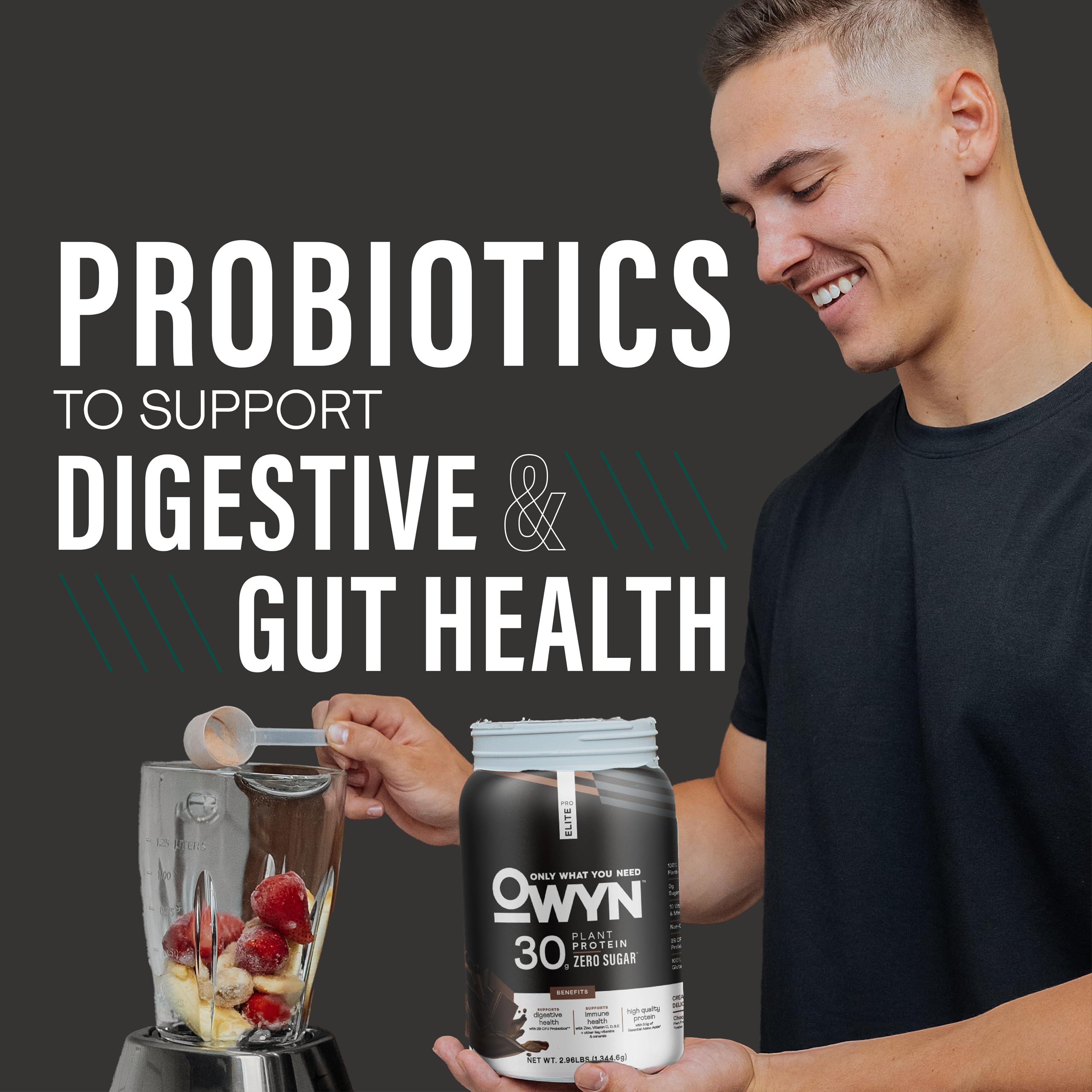 OWYN Pro Elite Chocolate greens blend image emphasizes kale, spinach, broccoli.