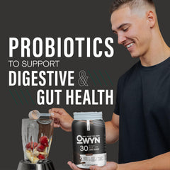 OWYN Pro Elite Chocolate greens blend image emphasizes kale, spinach, broccoli.