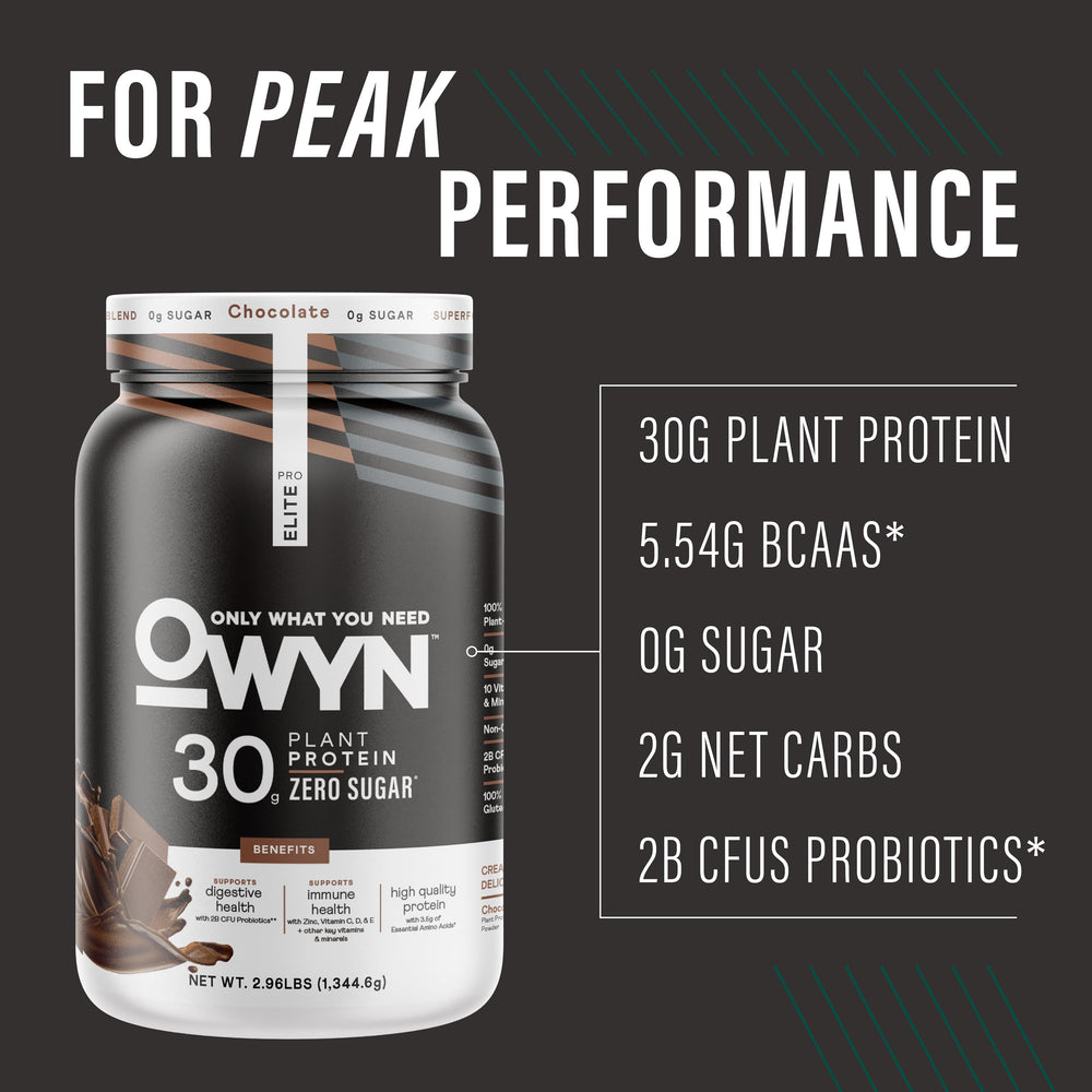 OWYN Pro Elite Chocolate powder-dispense highlights 32g protein per serving.