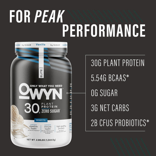 OWYN Pro Elite Vanilla scoop pouring into a glass for a quick vegan shake.