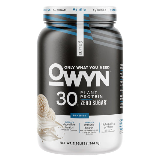OWYN Pro Elite Vanilla protein powder tub front showing 30g plant protein per serving.