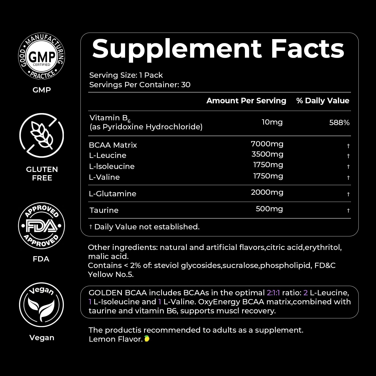 GMP and FDA certified production badge for OxyEnergy BCAA safety