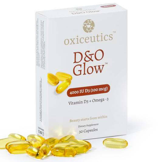 Oxiceutics D&O Glow bottle showing D3 and omega-3 blend for daily skin support