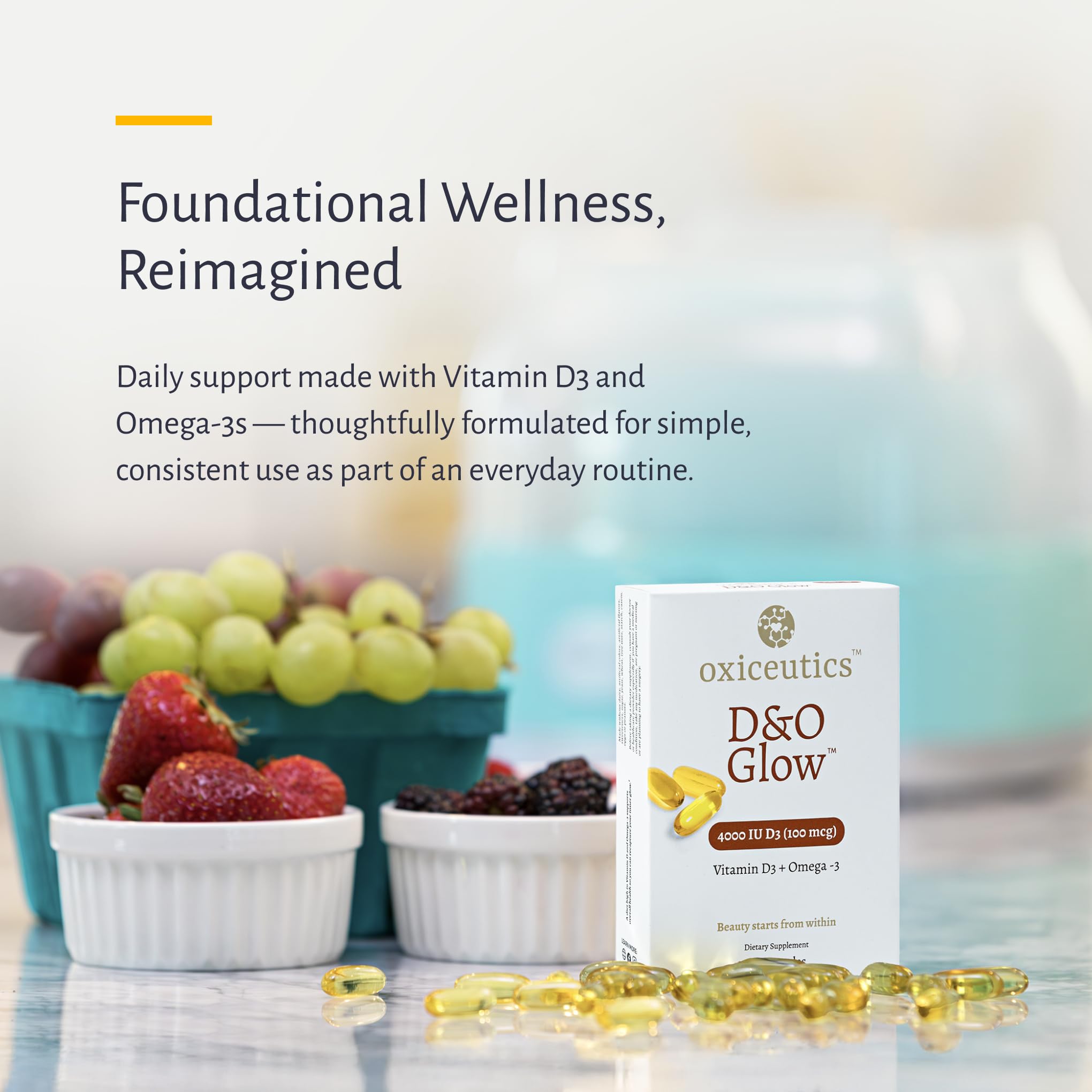 Oxiceutics D&O Glow capsules ready to swallow with lemon flavor