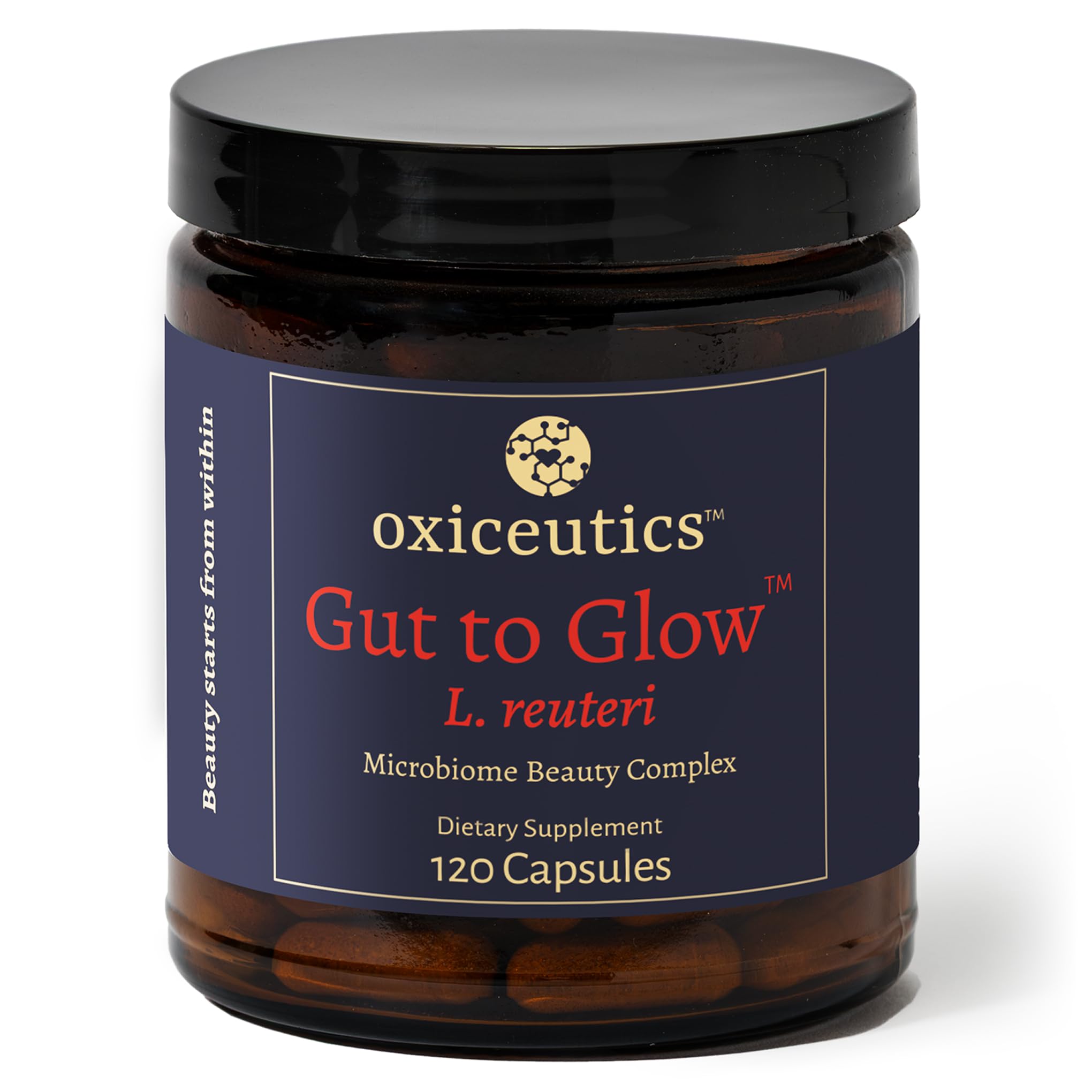 Oxiceutics Gut to Glow bottle pour highlighting gut balance.