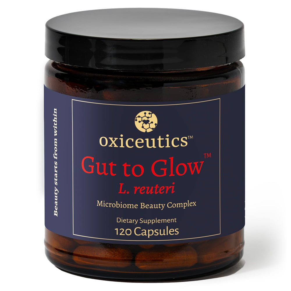 Oxiceutics Gut to Glow bottle pour highlighting gut balance.