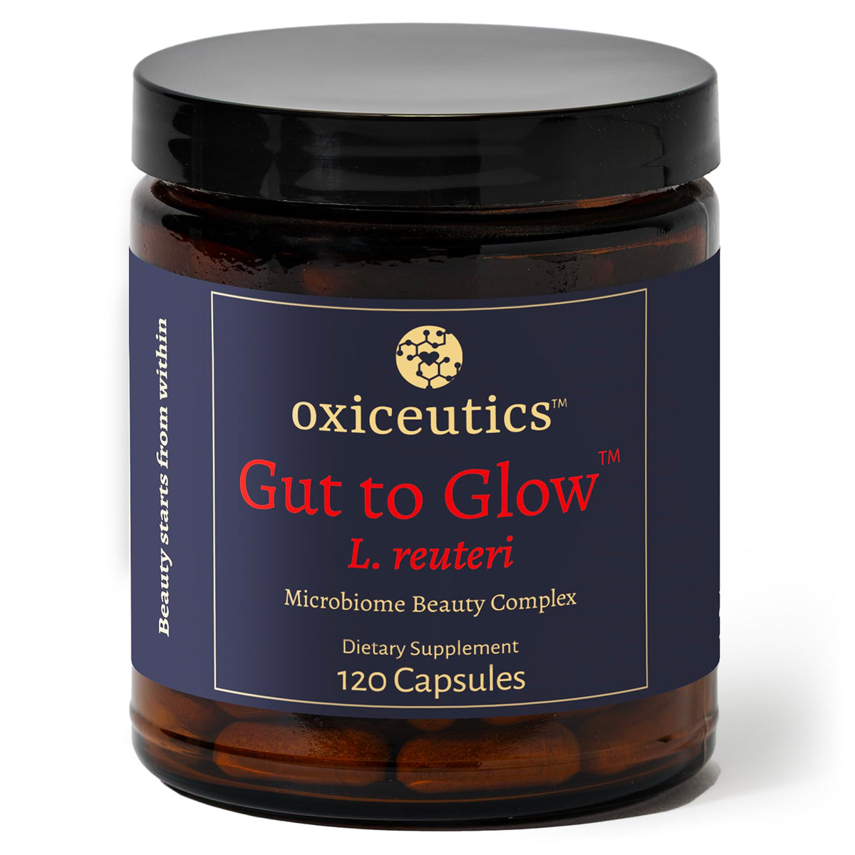 Oxiceutics Gut to Glow bottle pour highlighting gut balance.