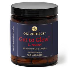 Oxiceutics Gut to Glow bottle pour highlighting gut balance.
