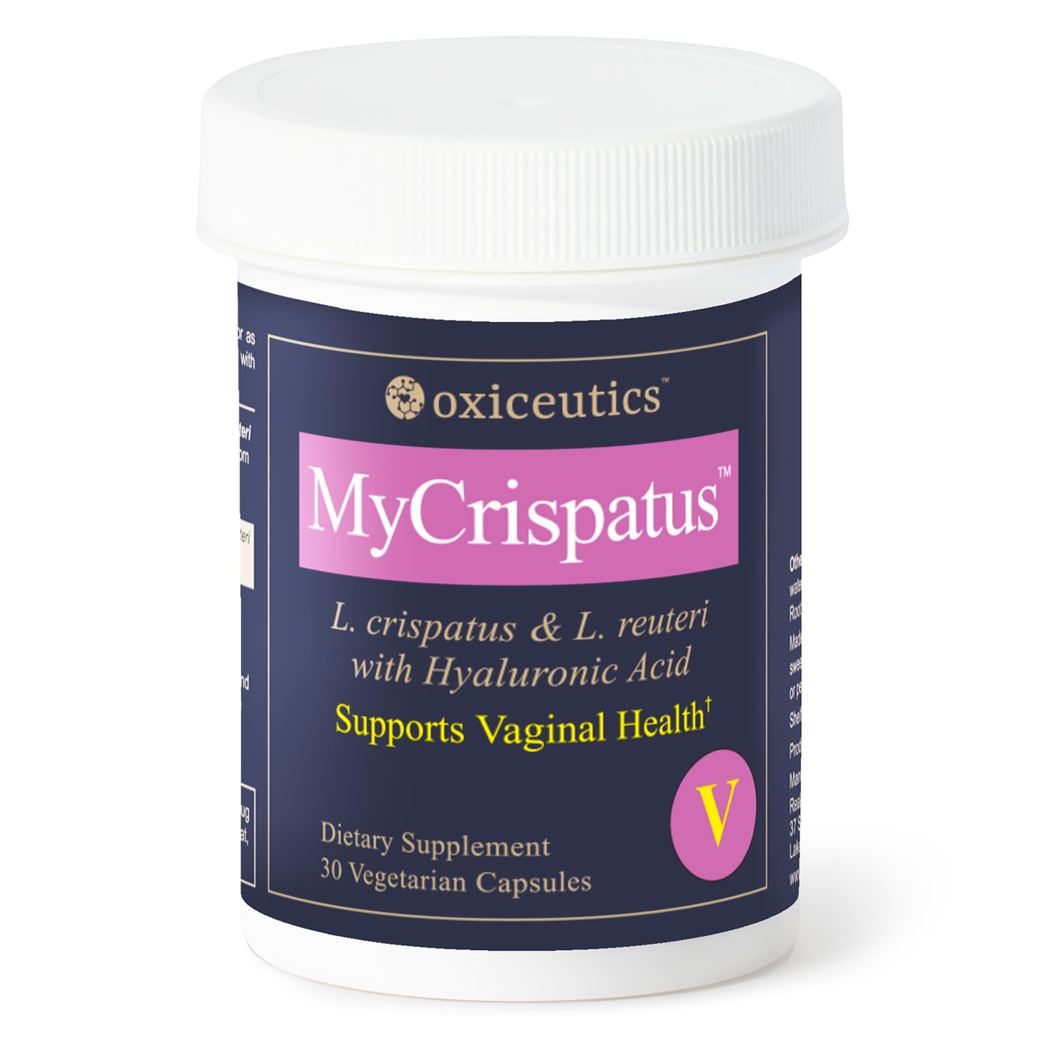 Oxiceutics MyCrispatus probiotic bottle with capsules for daily gut and vaginal balance.