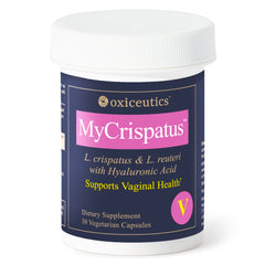 Oxiceutics MyCrispatus probiotic bottle with capsules for daily gut and vaginal balance.