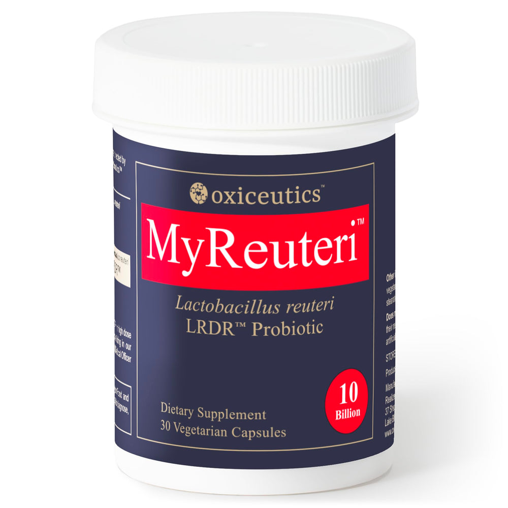Close-up of oxiceutics MyReuteri bottle with 10B CFU probiotic