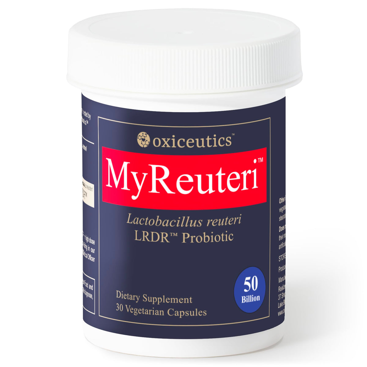 oxiceutics MyReuteri 50Billion CFU capsules in hand for daily gut support