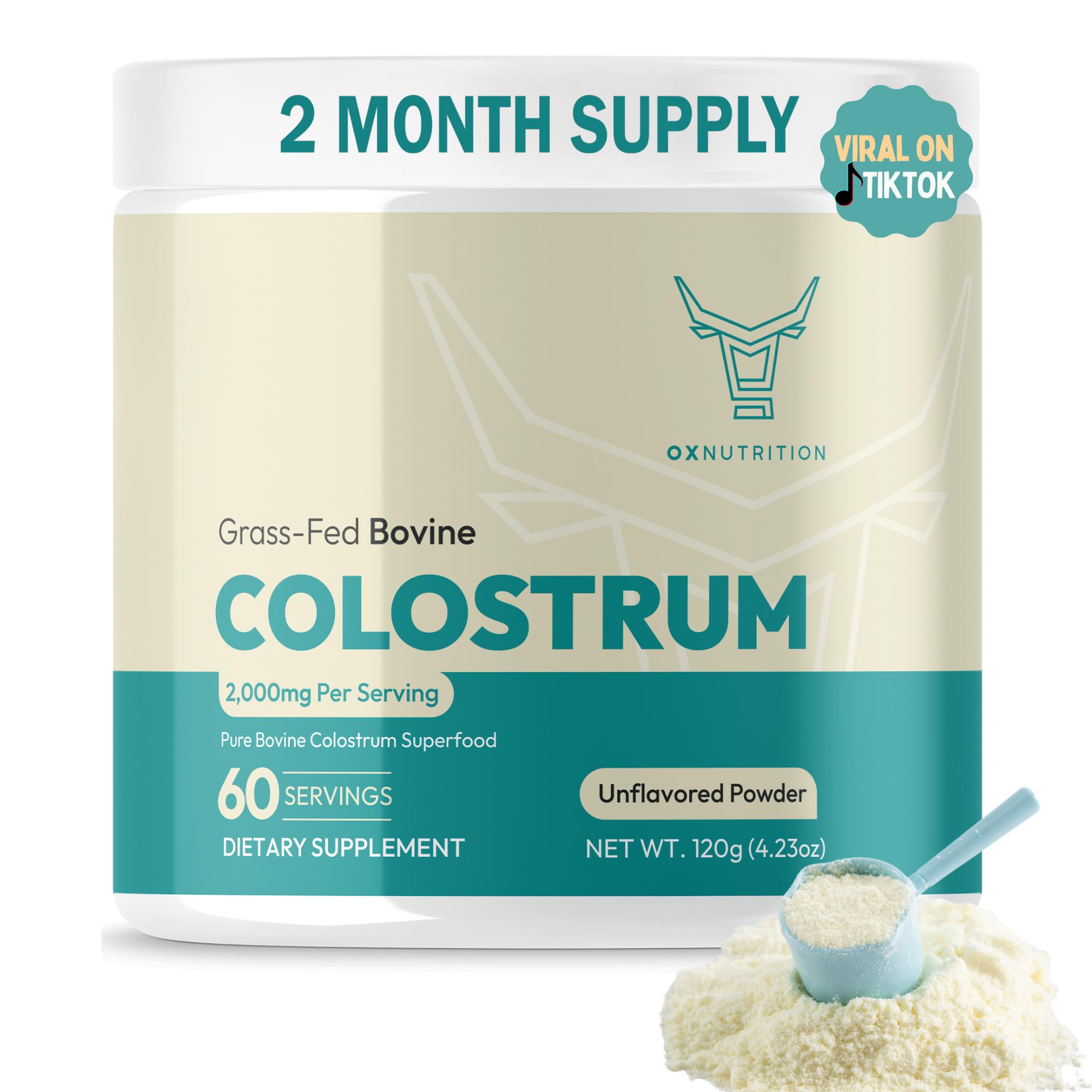OXNUTRITION colostrum powder tub promotes gut health and immune support.