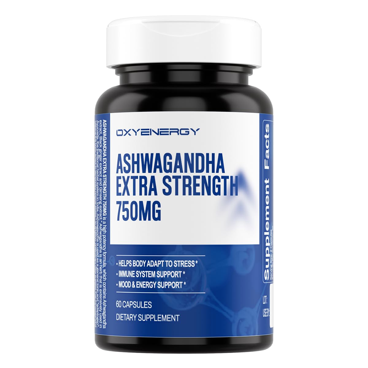 OxyEnergy Ashwagandha bottle pour for steady daily energy and calm.