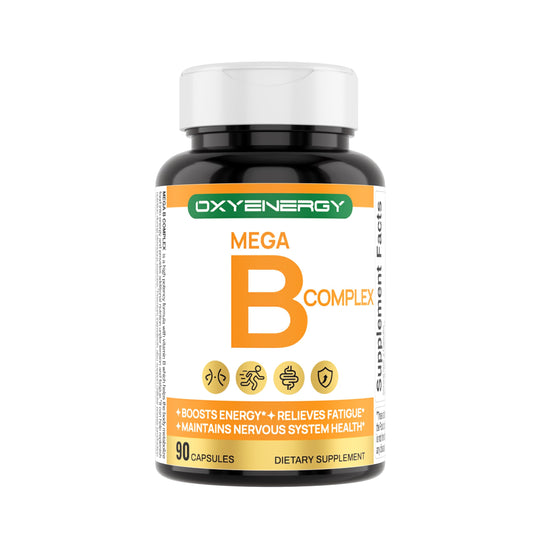 OxyEnergy Mega Vitamin B Complex bottle for daily energy support.