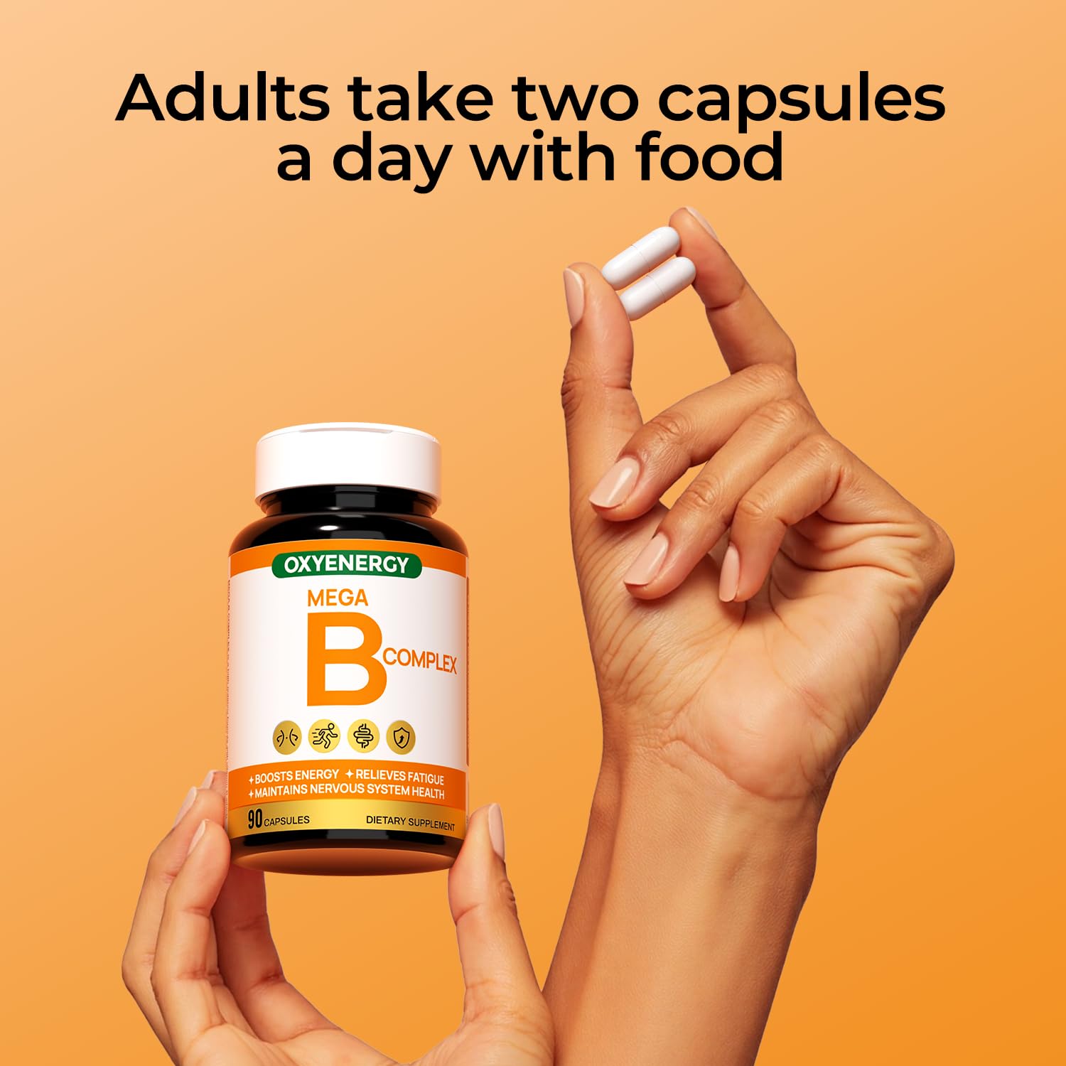 OxyEnergy B Complex capsules glow under natural light for focus.