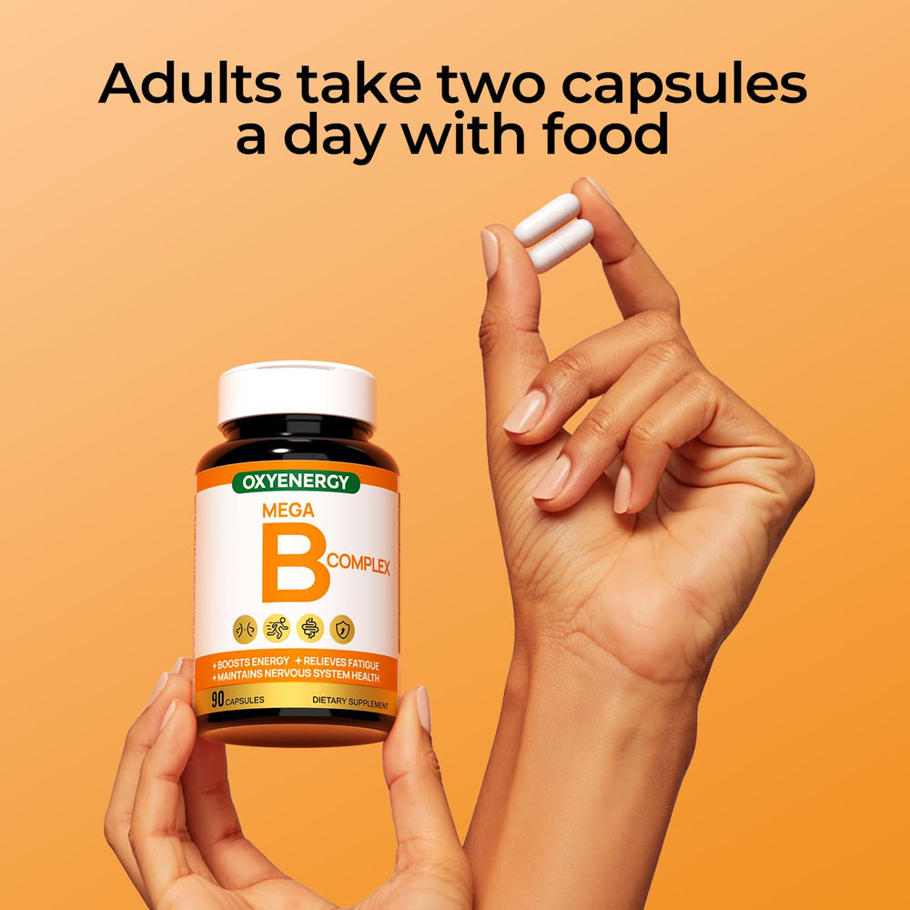 OxyEnergy B Complex capsules glow under natural light for focus.