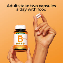 OxyEnergy B Complex capsules glow under natural light for focus.