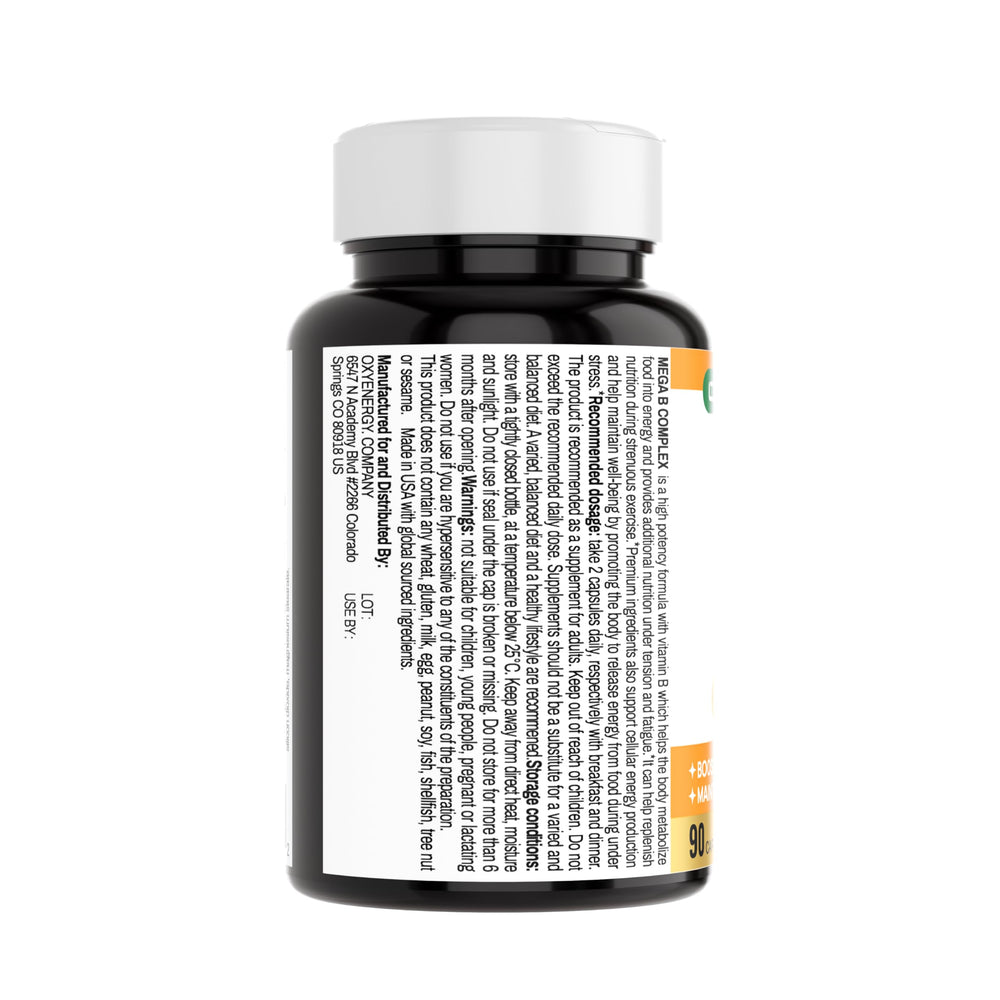OxyEnergy B Complex bottle beside healthy foods for wellness.