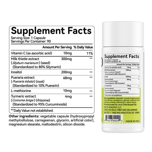 Close-up of OxyEnergy milk thistle capsules showing the 300mg dose