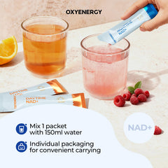 OxyEnergy NAD serving mixed in water with a citrus flavor.