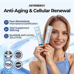 OxyEnergy NAD supplement bottle on kitchen counter for daily routine.