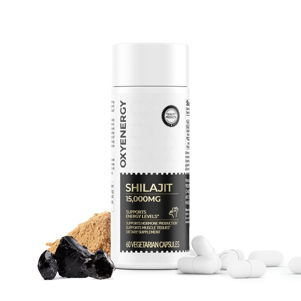 OxyEnergy Shilajit bottle pouring, highlighting 15,000 mg potency for daily energy.