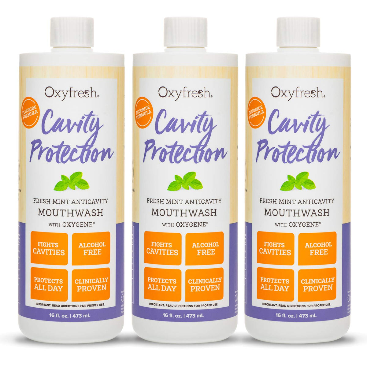 Oxyfresh Cavity Protection Mouthwash bottle front shows enamel fluoride protection.