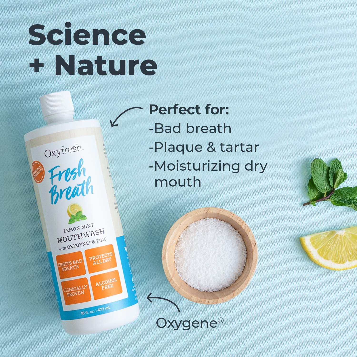 Close-up of Oxyfresh label highlighting fluoride-free and alcohol-free formula.