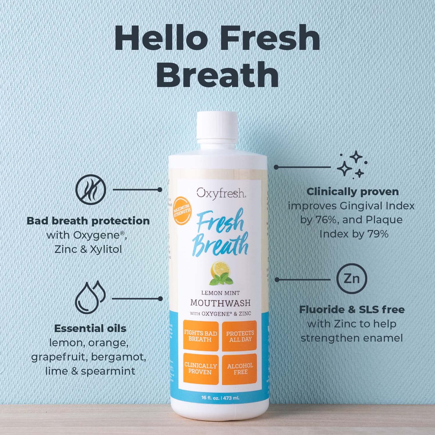 Oxyfresh Lemon Mint Mouthwash being poured for quick freshness.