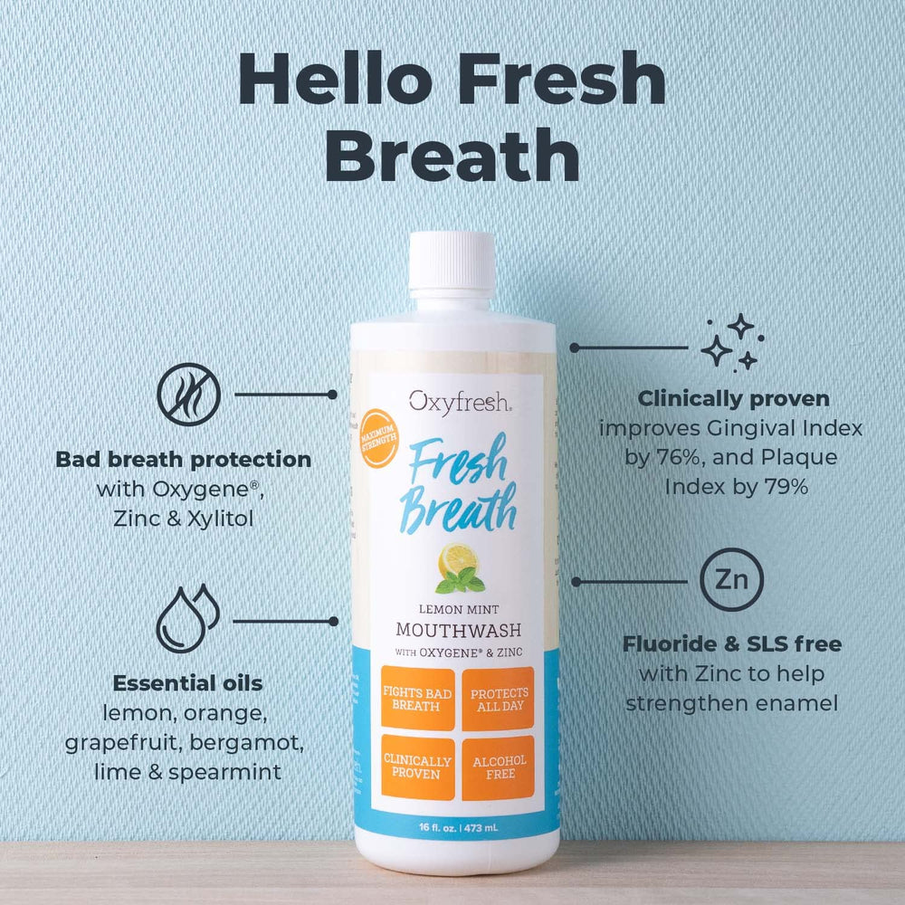 Oxyfresh Lemon Mint Mouthwash being poured for quick freshness.