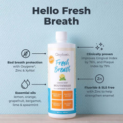Oxyfresh Lemon Mint Mouthwash being poured for quick freshness.