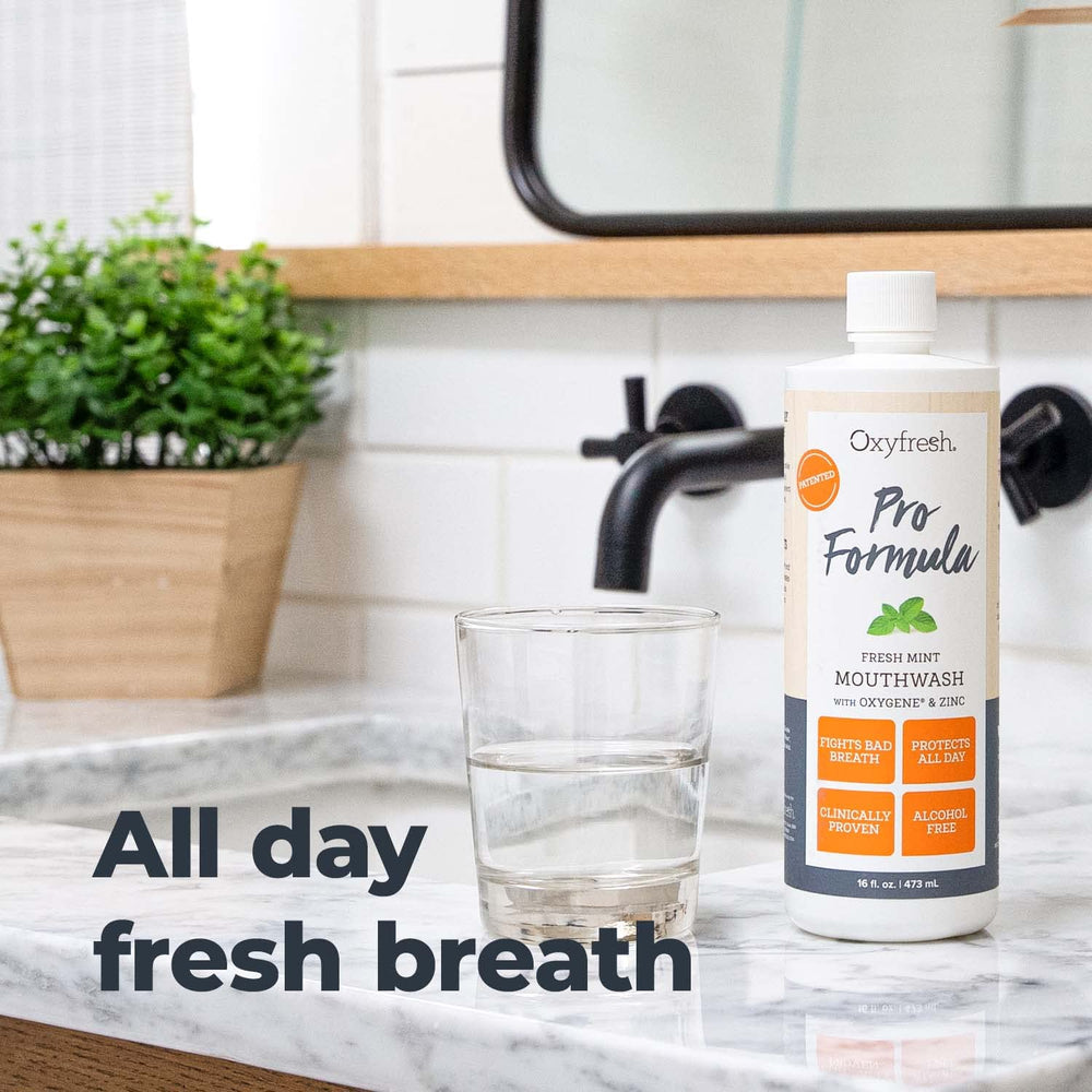 Close-up of essential oil blend on Oxyfresh Pro Formula label.
