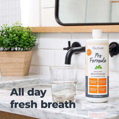 Close-up of essential oil blend on Oxyfresh Pro Formula label.