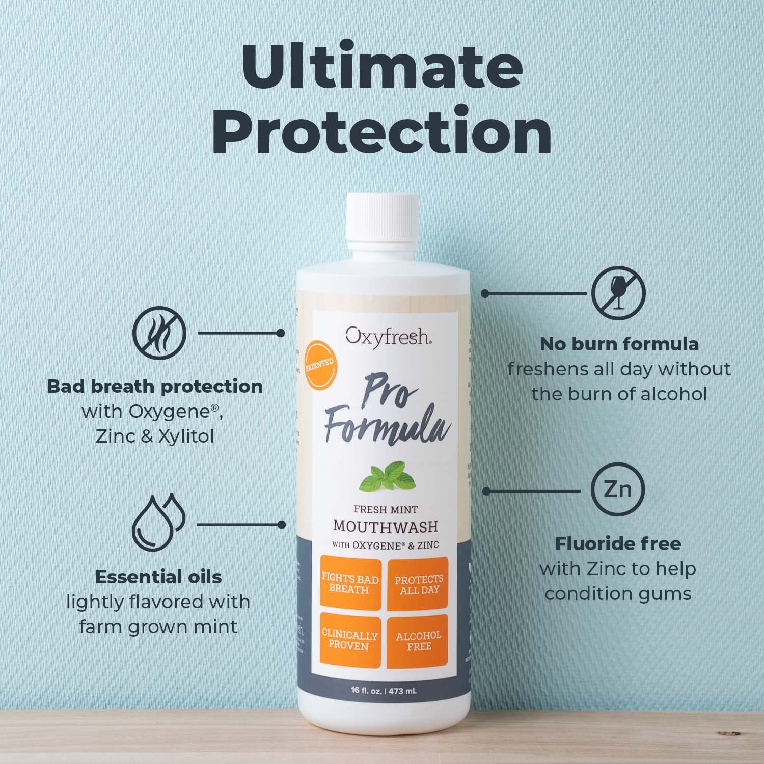 Oxyfresh Pro Formula bottle being poured, highlighting breath-neutralizing action.