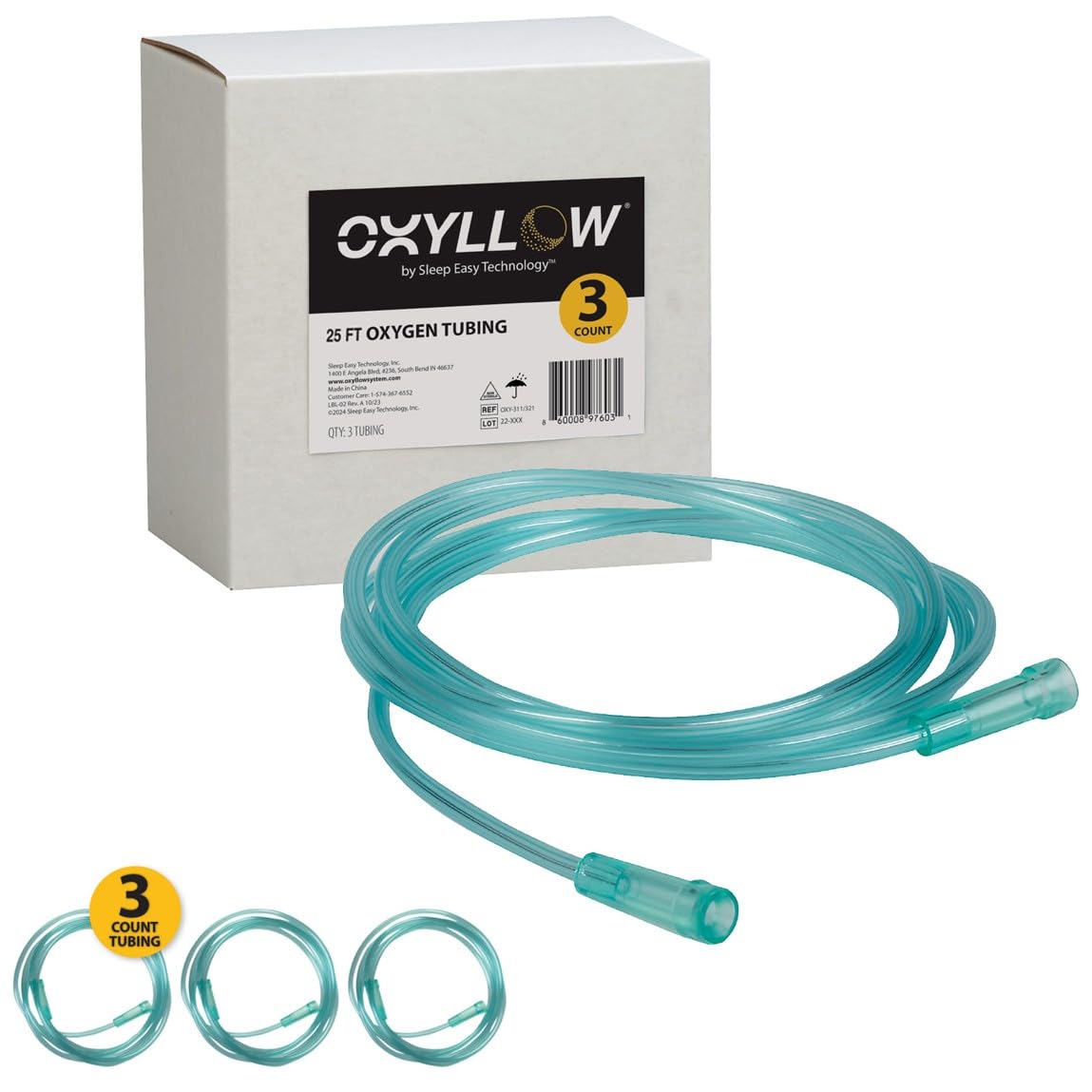 Oxyllow premium 25 ft tubing for nighttime therapy with flexible reach.