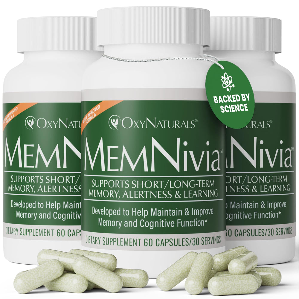OxyNaturals MemNivia bottle front shows product branding and focus on memory support