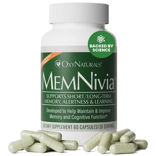 OxyNaturals MemNivia bottle front shown for everyday brain support and easy dosing.