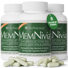 OxyNaturals MemNivia bottle front shows product branding and focus on memory support